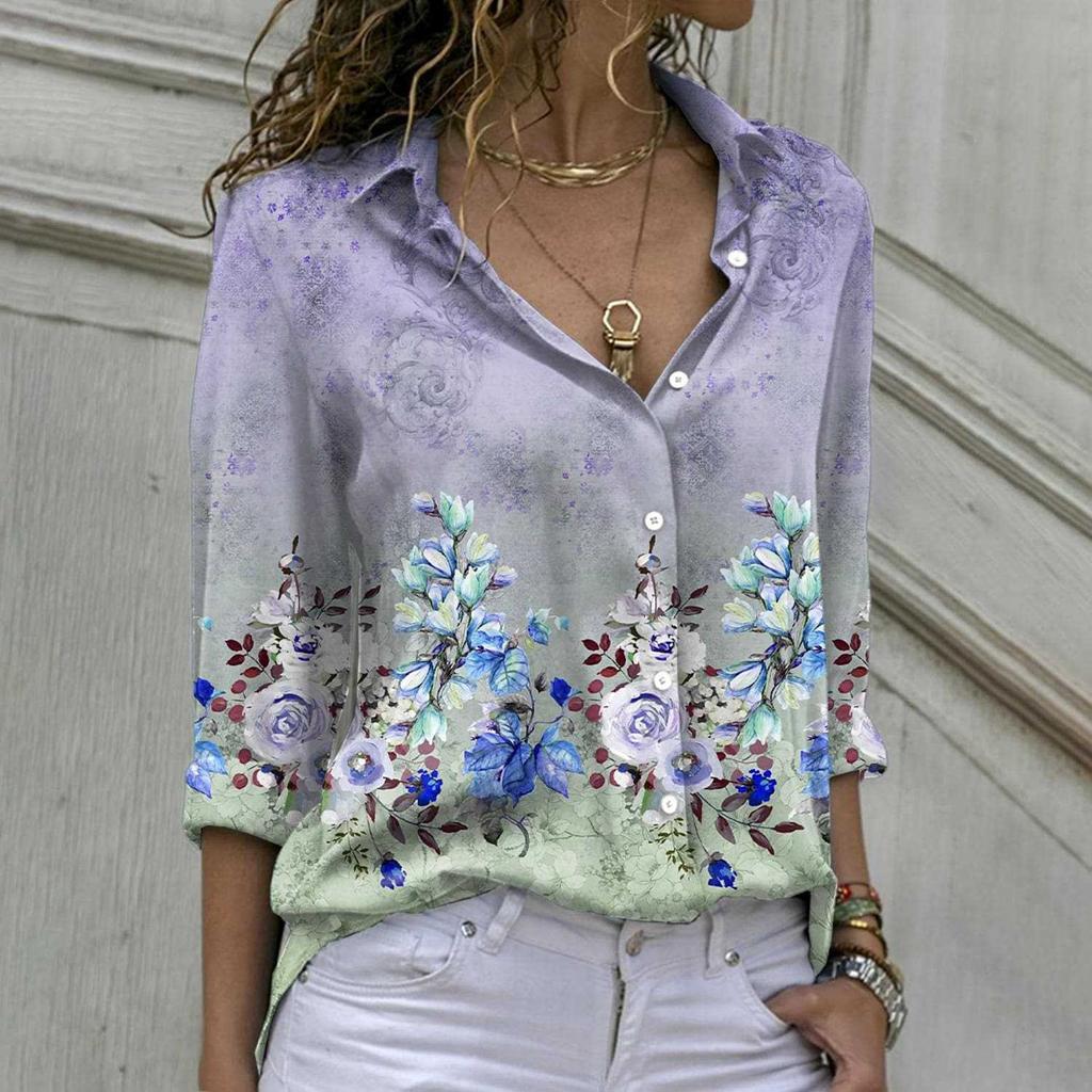 Women's Fashion Casual Printed Button Lapel Long Sleeved Shirt Top Blouse