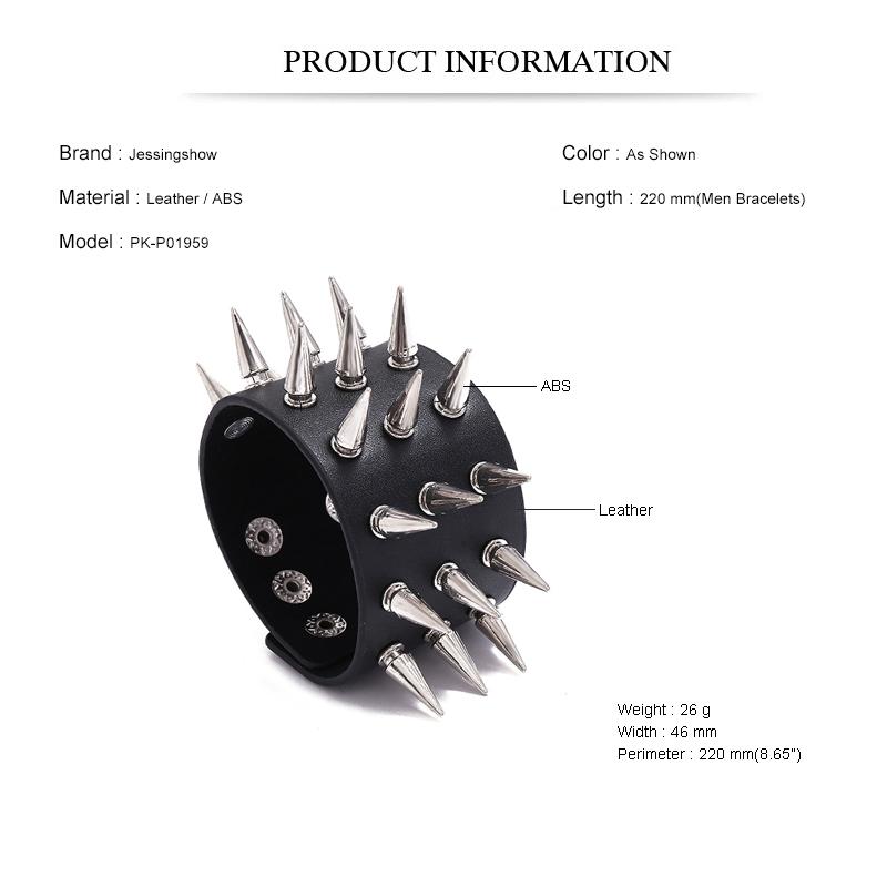 Braccialetto Stile Punk Braccialetto in Pelle Borchiato Punte Cuspidali Borchie Rivetti Polsino Largo Braccialetto Nero Regolabile Bracciale da Uomo