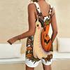 Women Plus Size Sleeveless Scoop Neck Halloween Pumpkin Printed Loose Short Romper With Pockets