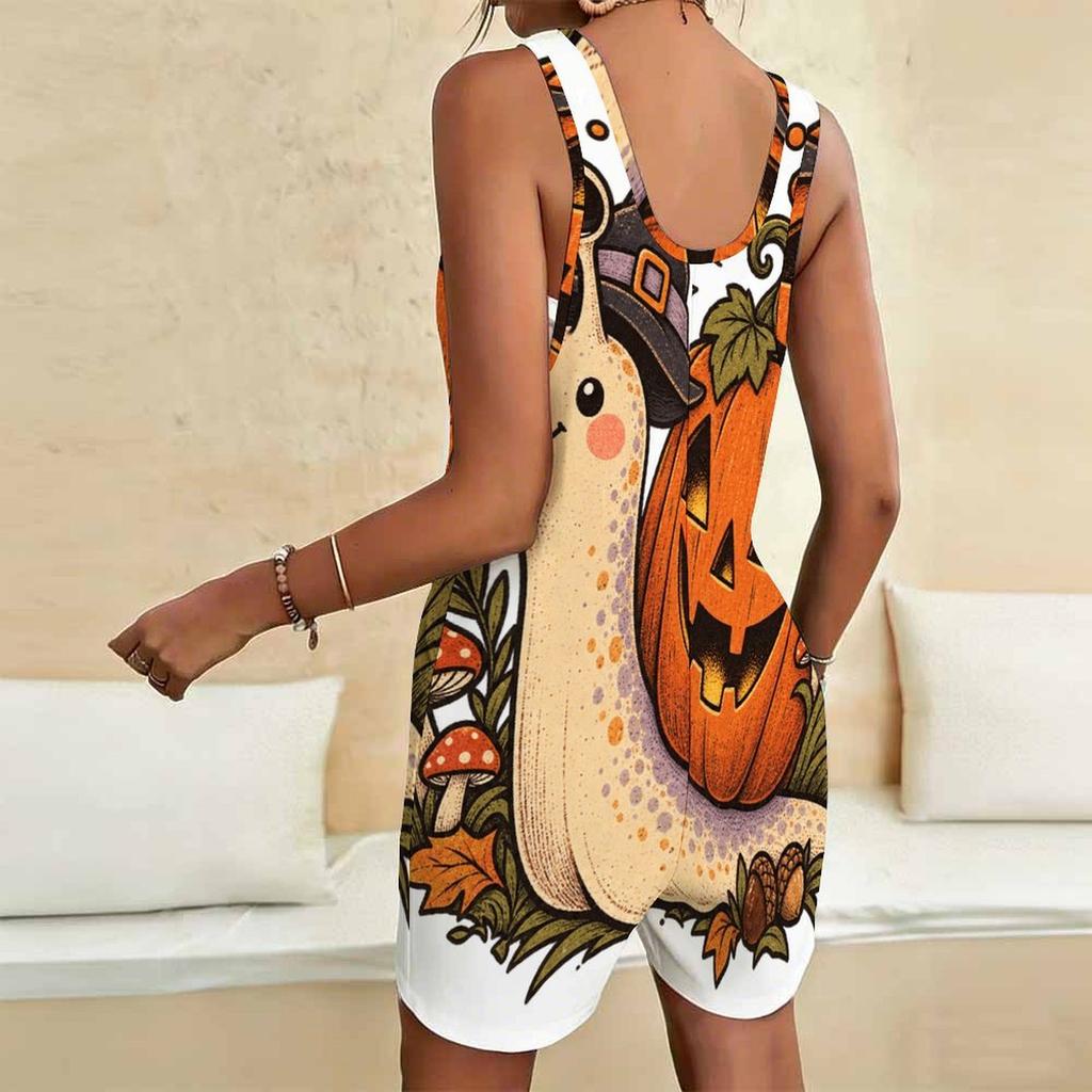 Women Plus Size Sleeveless Scoop Neck Halloween Pumpkin Printed Loose Short Romper With Pockets