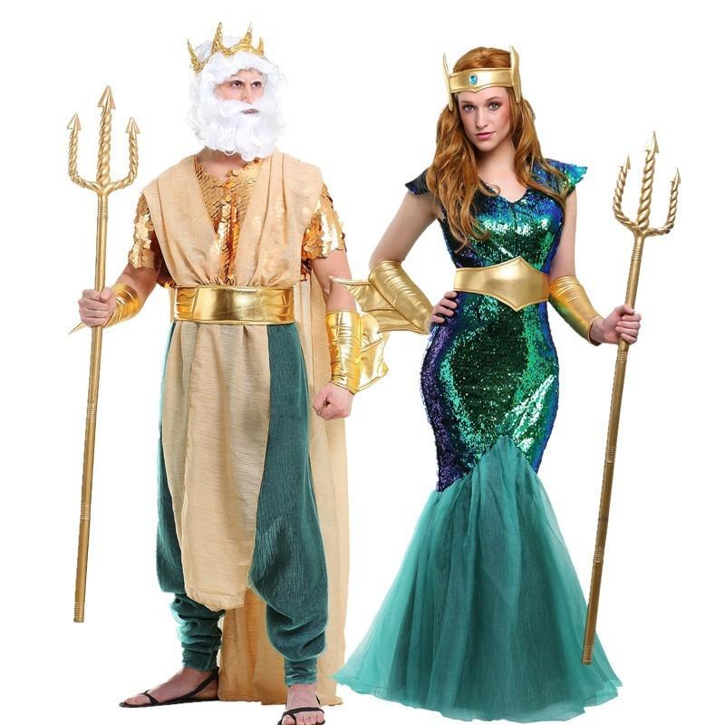 Halloween Oude Zeegod Drakenkoning Zeemeermin Jurk, Zeekoning Poseidon Zee Koningin Mannelijke en Vrouwelijke Koppels Jurk