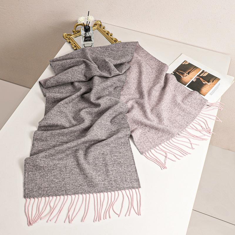 Autumn and winter double-sided two-color 100 wool narrow scarf women's high-end light luxury thermal scarf air conditioner shawl outside