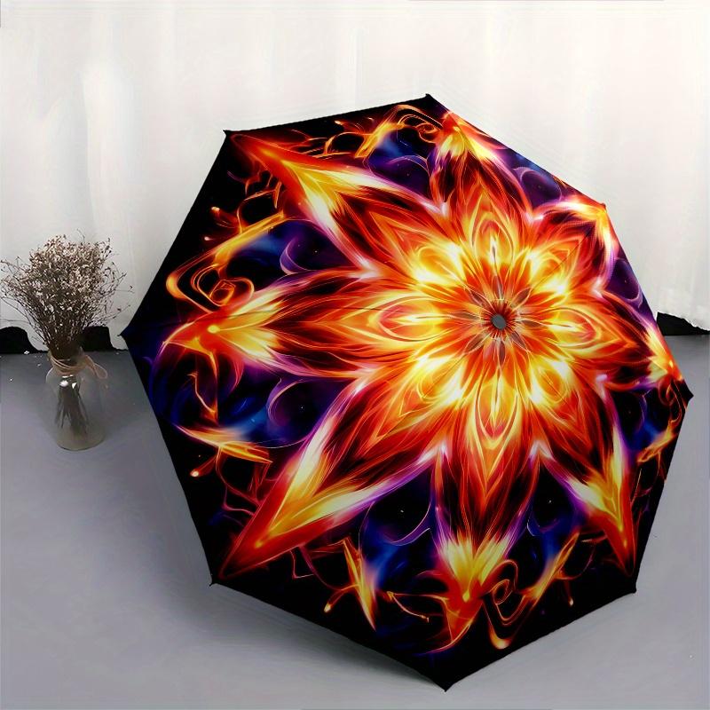 Flame Mandala Automatic folding umbrella simple eight rib design, bright color pattern, durable iron frame, ideal for travel and outdoor, b