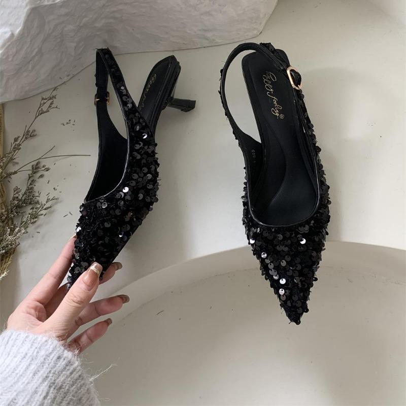 Fashion Bling Women Sandal Fashion Pointed Toe Shallow Slip On Ladies Elegant Slingback Shoes 4cm Med Heel Pumps Shoes