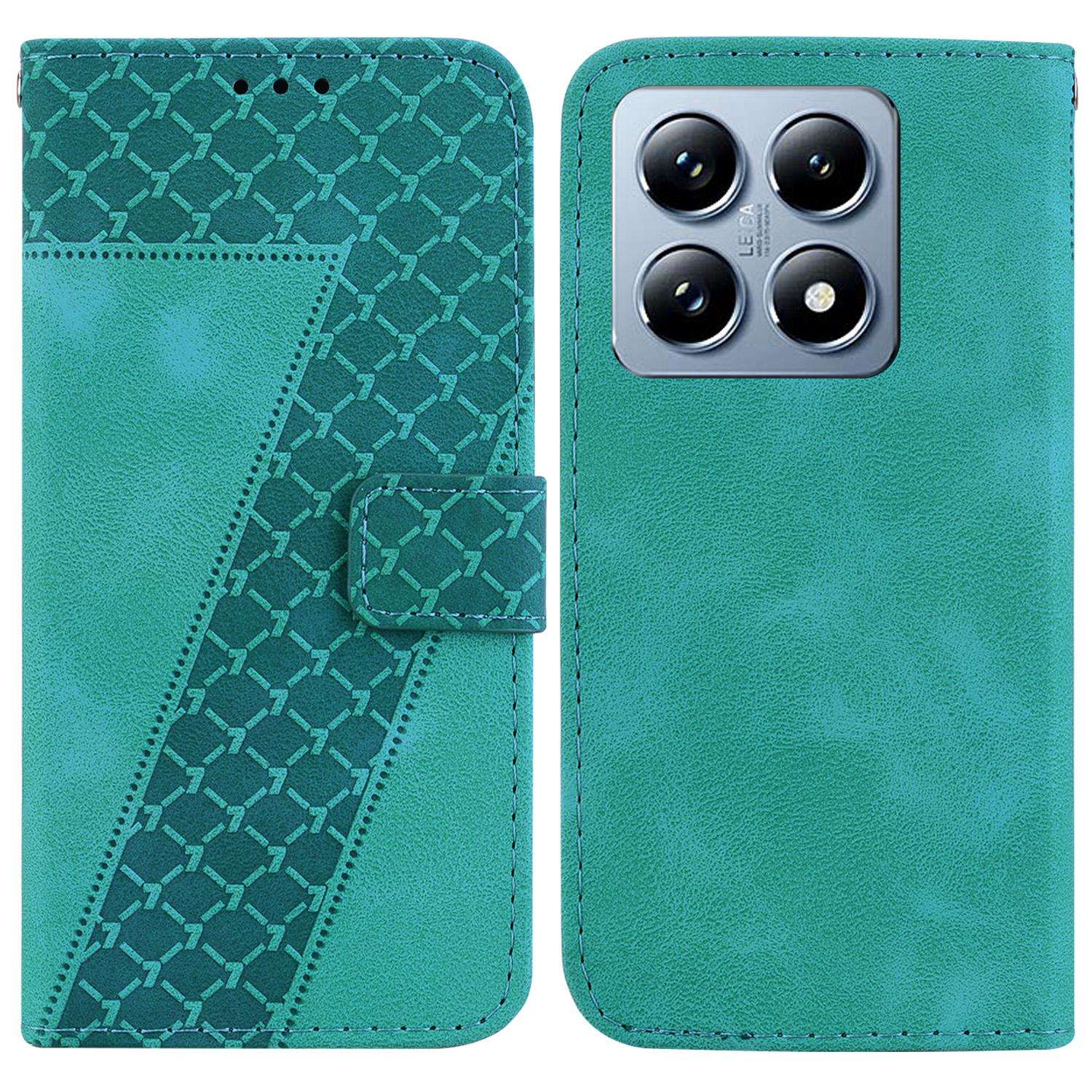 

For Xiaomi 14T Stand Case 7-Shaped Pattern Imprint Leather Phone Cover Green