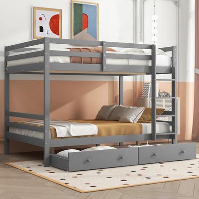 Bunk Bed, 140*200cm, Children's Beds with Drawers, Storage Space, High Railings, Gray