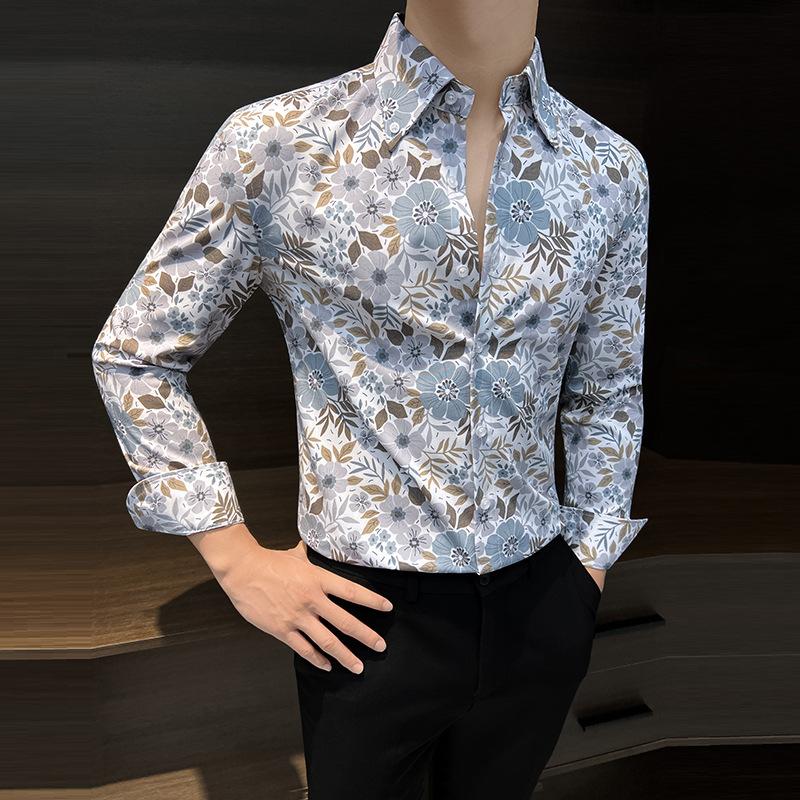 

Men s Floral Print Long Sleeve Button Up Shirt Casual Slim Fit Fashion Top for Daily Wear S белый