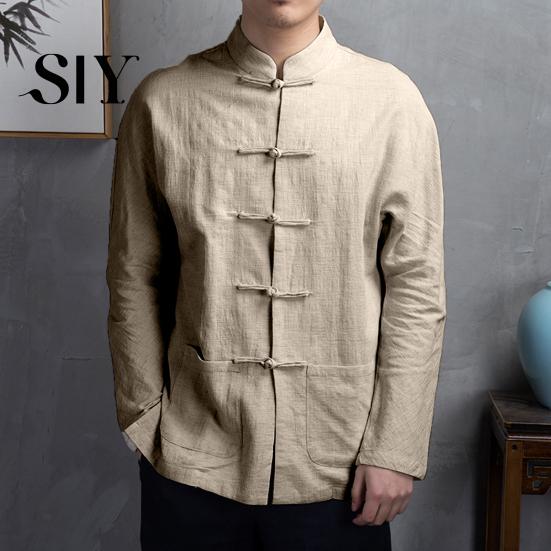 Long Sleeve Pockets Shirt Men Autumn Chinese Style Top Mandarin Collar Disc Solid Color Stand-up Button Traditional Kung Fu Tai Chi Tang Tops Uniform