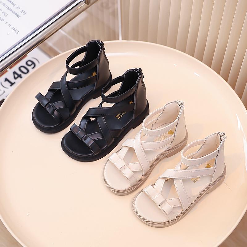 Girls Sandals Back Zipper Kids Roman Sandals Soild Color Versatile 2025 Summer New Children Princess Shoes Simple Bowtie Sweet