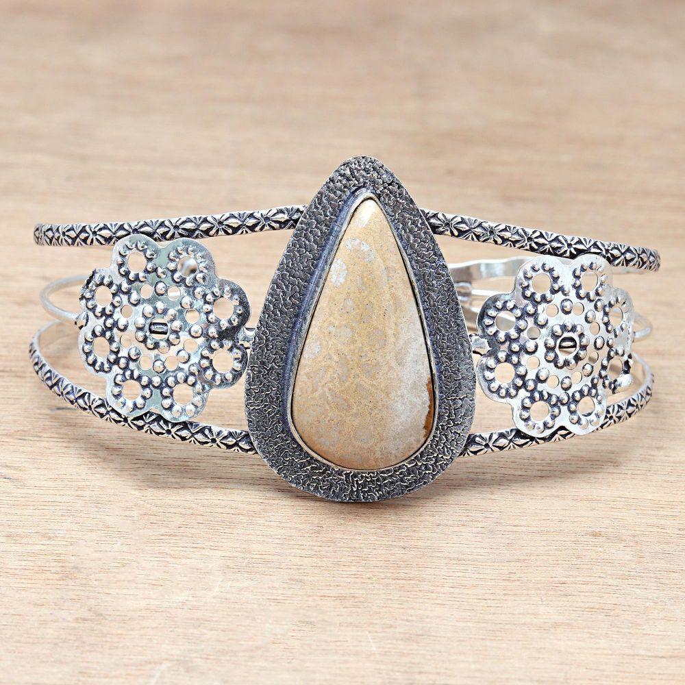 Fossil Coral Gemstone Handmade Jewelry Cuff Bracelets 7''Adjustable