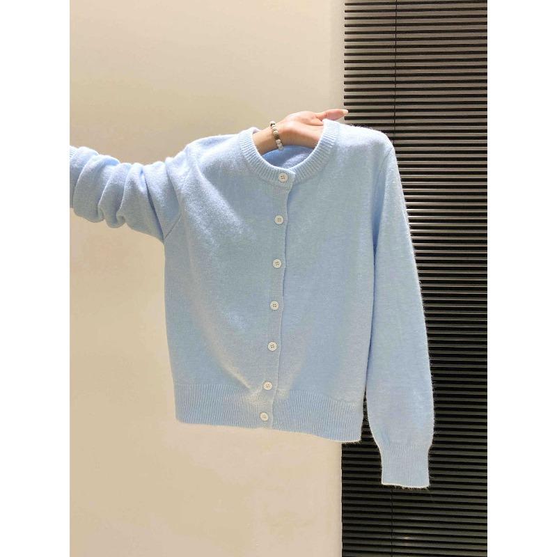 Sea Salt Blue Fresh Round Neck Versatile Top Jacket Women's Autumn and Winter Girl Soft Waxy Knitted Single-breasted Sweater Cardigan