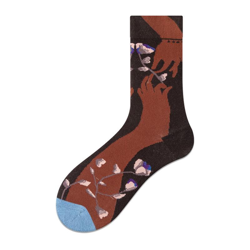 French Trendy Brand Niche Flower Socks Women'S Cotton Socks Medium Tube Street Fashion High-Top Couple Stockings Men