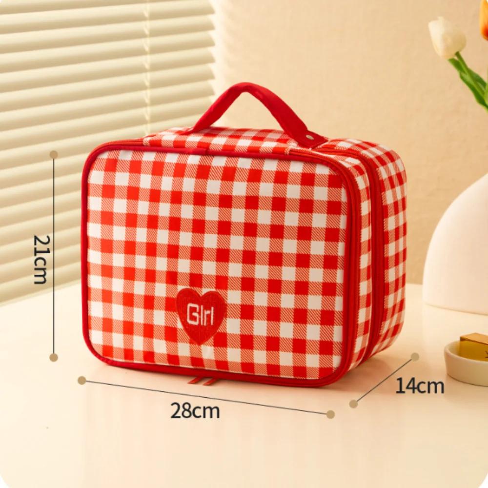 Cotton Quilted Makeup Bag Portable Checkered with Zipper Wash Bag Large Capacity Skincare Pouch Travel