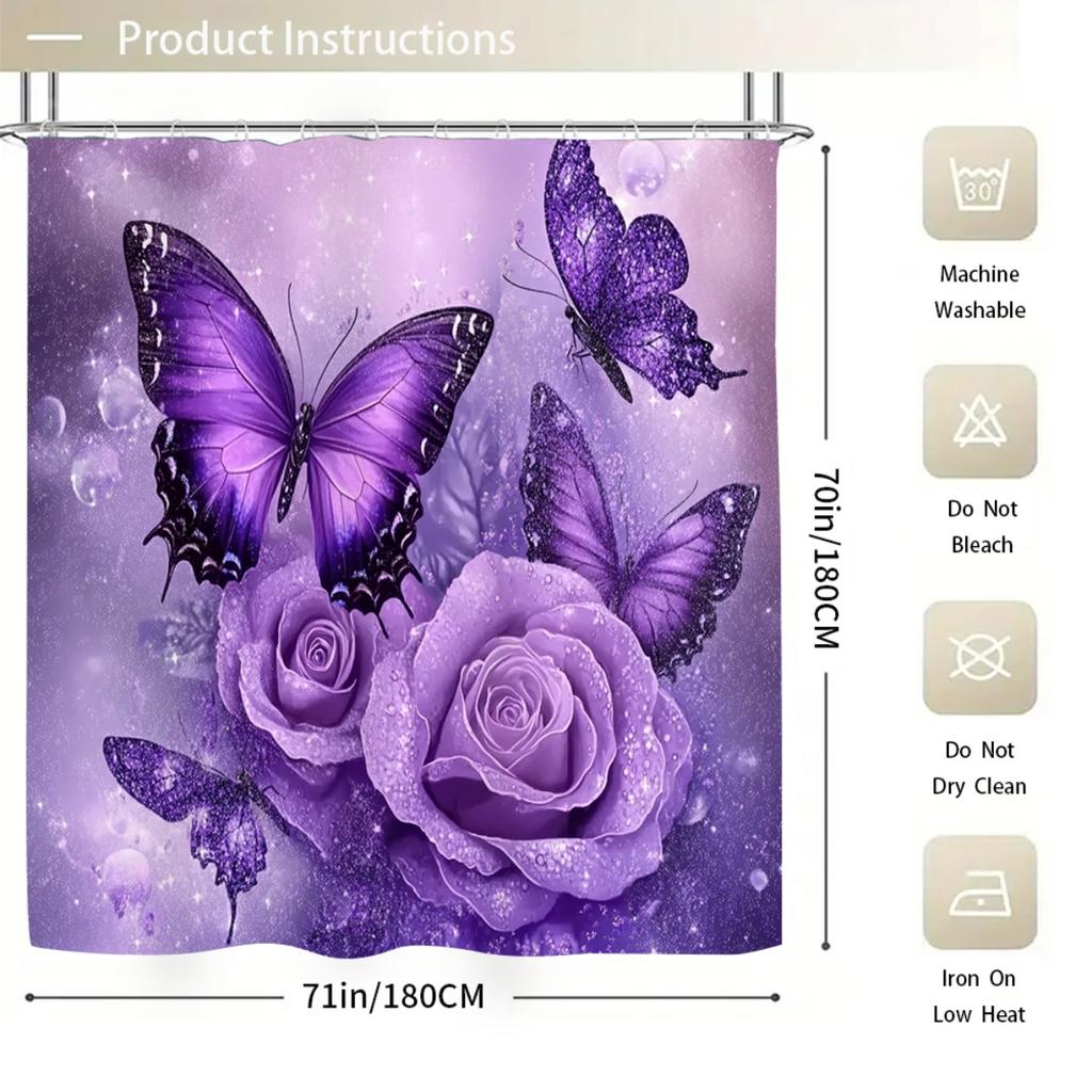1/4pcs Bathroom Shower Curtain Set Purple Butterfly Bathroom Curtain With 12 Hooks Non Slip Rugs Toilet Cover Mat Bathroom Partition