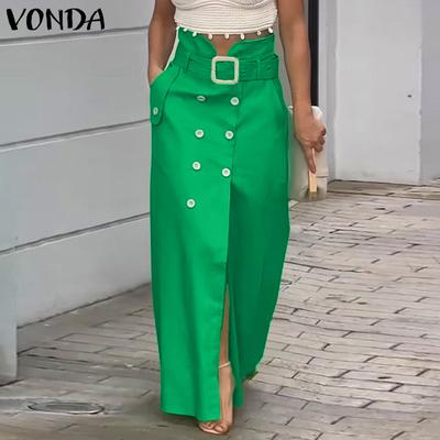 Women Vintage Belt Button Design Slit Skirts
