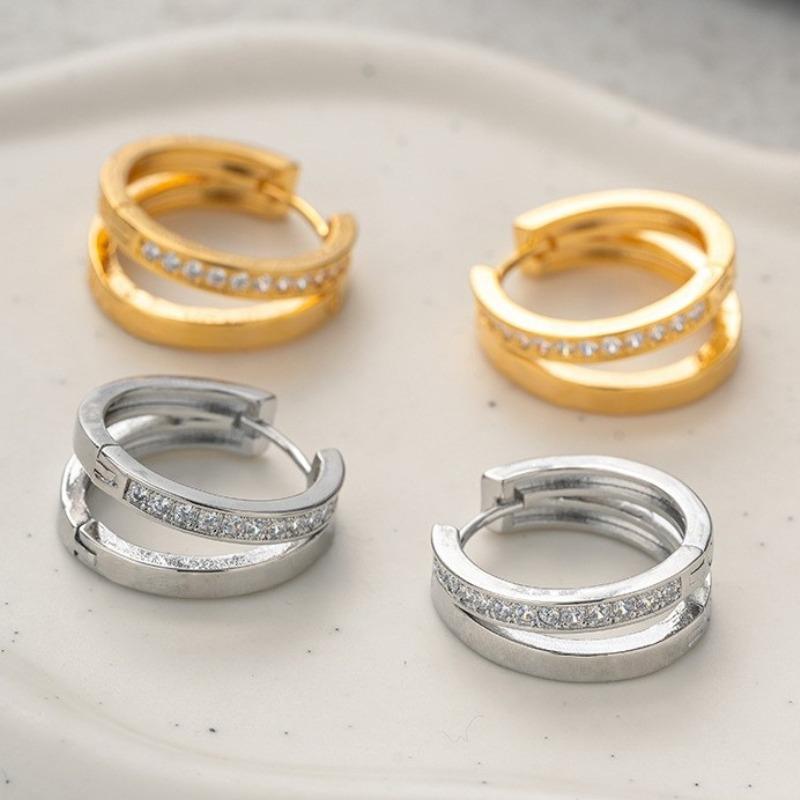 Stainless Steel Double Layer Zircon Hoop Earrings for Women Girls Elegant Punk Earring Stud Style Party Fashion Jewelry Gifts