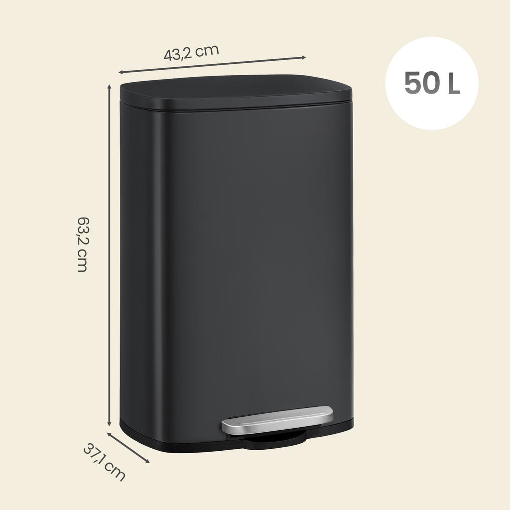 Songmics LTB050B02 50 Litre Kitchen Trash Can Soft Close Pedal Steel Inner Bin Black