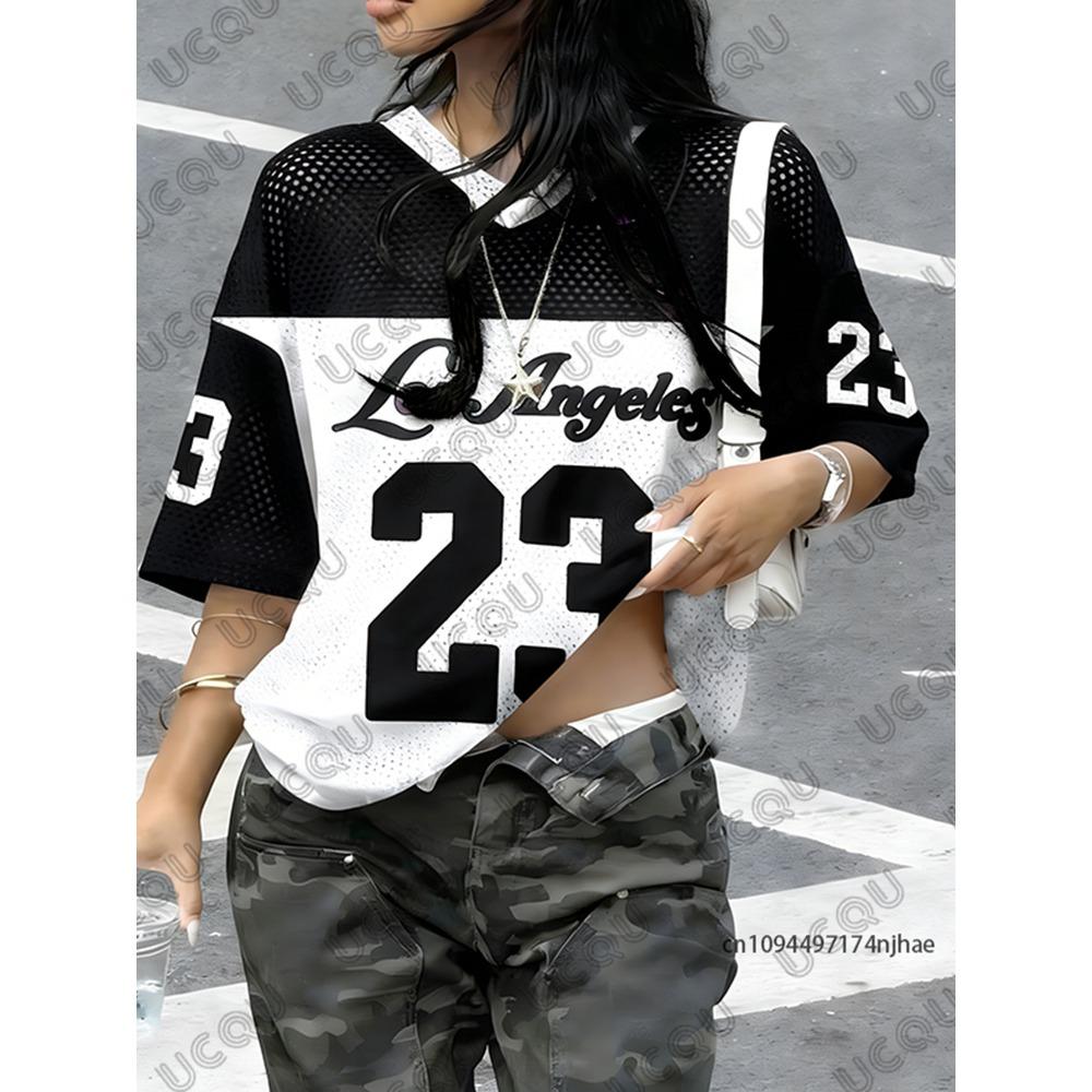 T-shirt a Strisce Estiva Nuova con Stampa Los Angeles 23 per Donna Scollo a V Patchwork Manica Corta Maglia Sportiva da Calcio Top Oversize Y2K