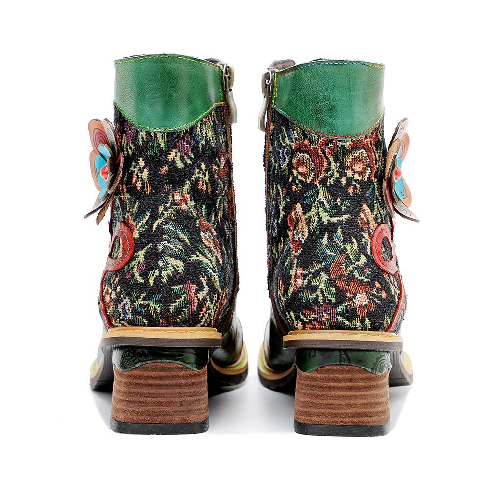 Johnature Plateaustiefel aus echtem Leder, Schnür-Damenschuhe, Blumenmuster, runde Zehen, Nähen, Prägung, Stiefeletten