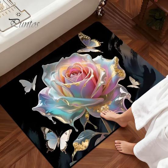 Floral Bathroom Rug 3D Rose Realistic And Butterflies Floor Mat Soft Absorbent Bath Non-Slip for Entrance Kitchen Bedroom Living Room