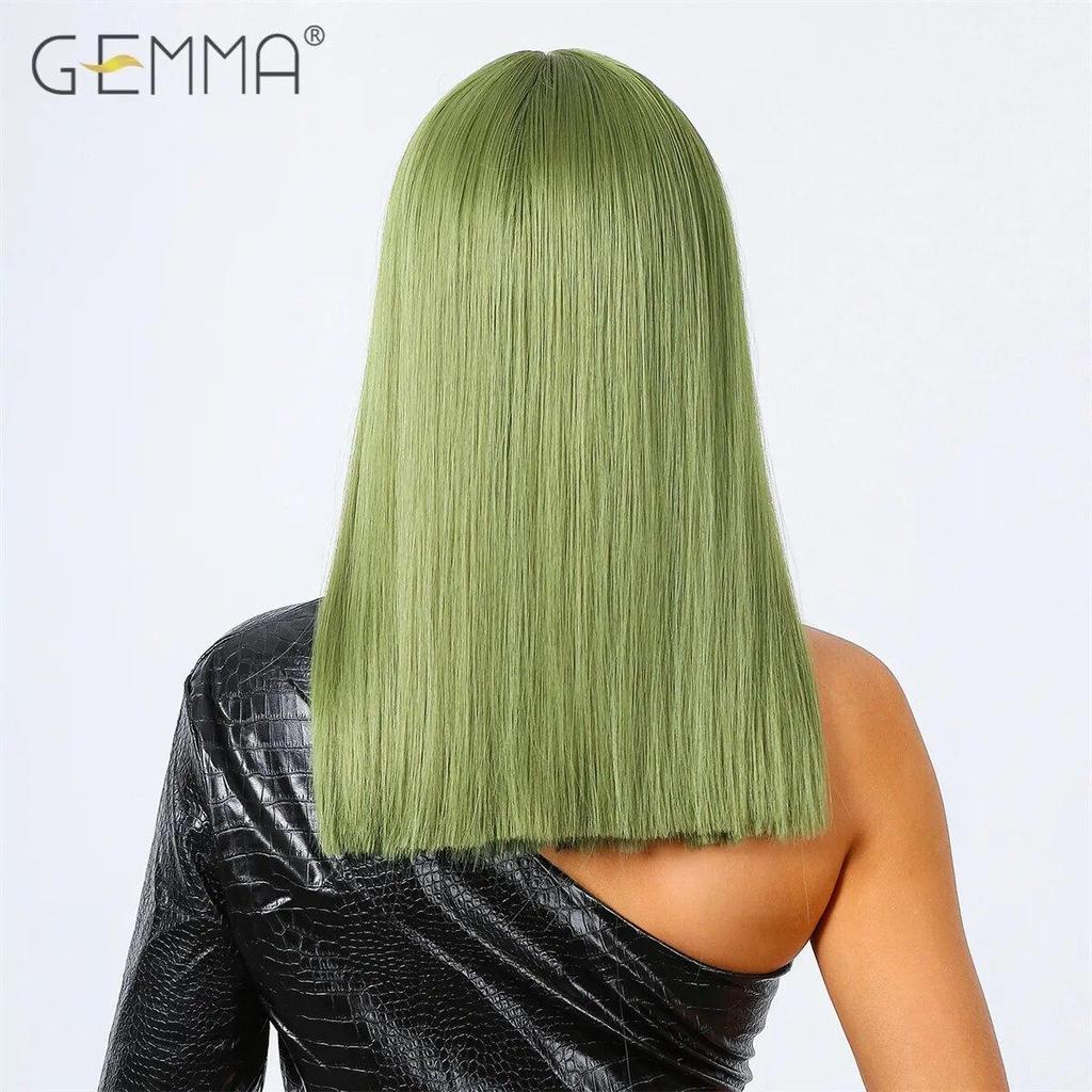 Green Synthetic Cosplay Wig with Bangs Medium Length Straight Wigs for Women Halloween Party Natural Hair Wig Heat Resistant