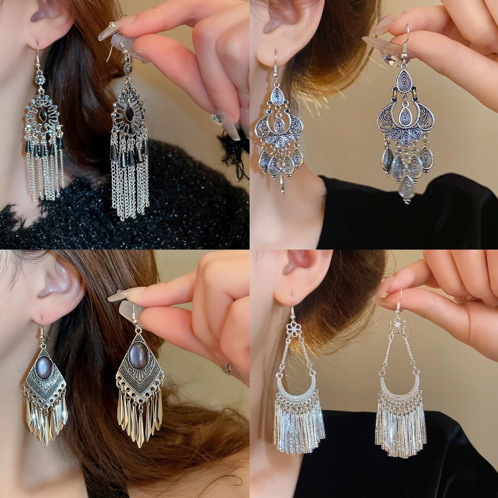Ethnic style flower fringed earrings niche and versatile Chinese style earrings temperament light luxury high-end earrings women