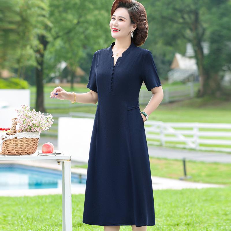 Mom's Plus Size Mid-Length Short-Sleeved Dress - Summer 2025 Elegant Style for Middle-Aged & Elderly Women