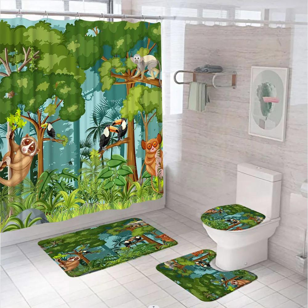 Tiger Shower Curtain Set Tropical Palm Leaf Wildlife Animal Jungle Zebra Leopard Bathroom Curtains Rug Bath Mat Lid Toilet Cover