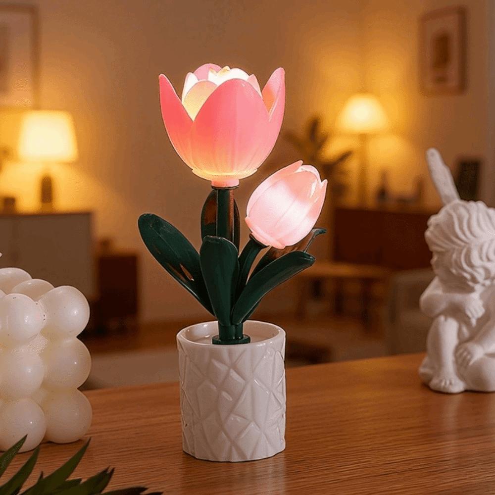 Pink Flower Table Lamp Plastic Atmosphere Night Light Creative Bedside Lamp  Home Decor