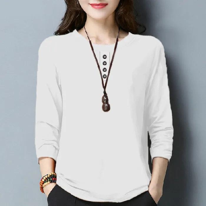 

Весна Осень Однотонная Женская Простая Повседневная Свободная На Пуговицах Все Подходит Базовая Футболка Однотонная С Круглым Вырезом С Длинным Рукавом Пуловер Топы XL белый