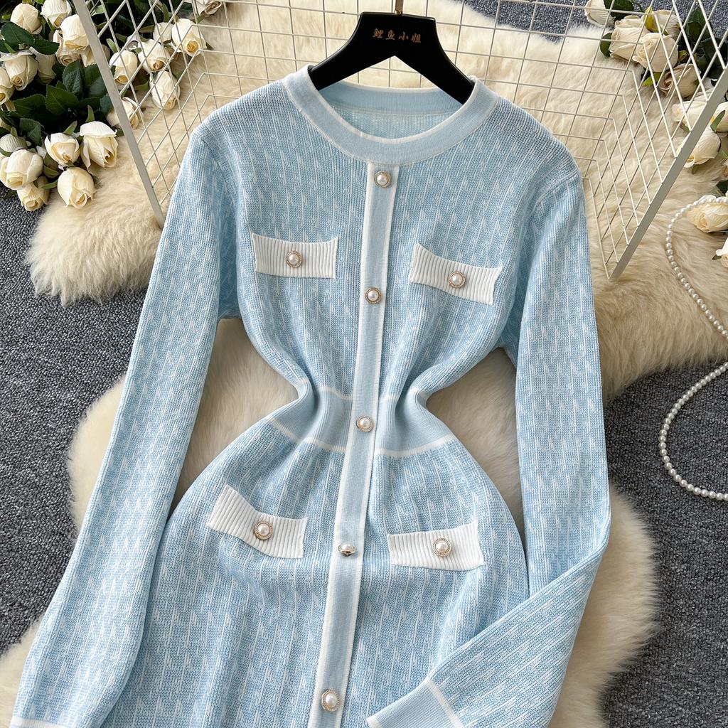 Κομψό πλεκτό πουλόβερ γραφείου με στάμπα πουλόβερ κοντά φορέματα για την άνοιξη του φθινοπώρου