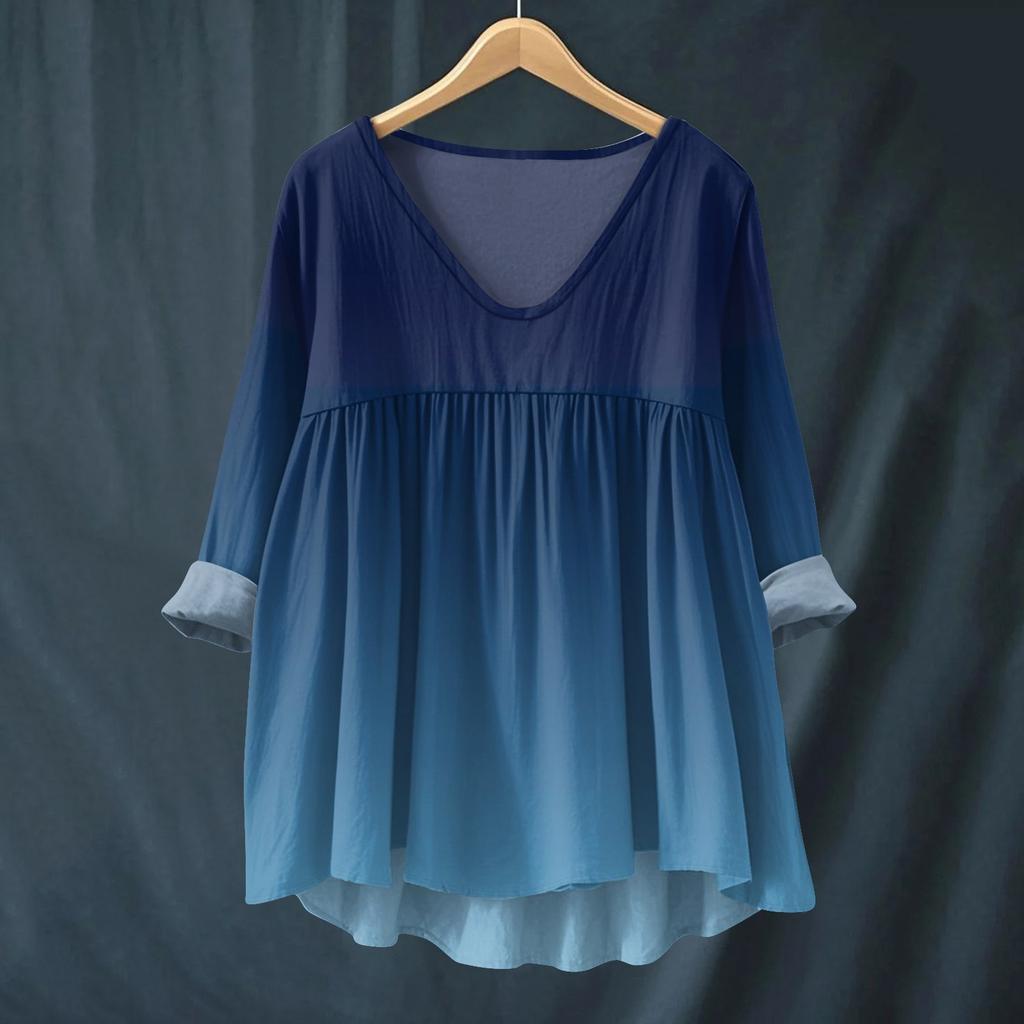 Women's Fashionable And Casual Shirt Long-sleeved V-neck Print Cotton And Linen Blouse