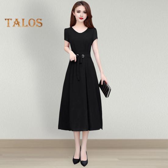 Summer Lady Dress Round Neck A-line Short Sleeves Slim Waist Plus Size Pure Color Slim Fit Mid-calf Length OL Commute Midi Dress