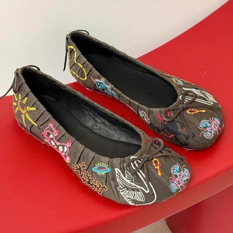 Retro Embroidery Designer Ballet Flats Women Bowknot Shallow Comfort Footwear Female Fashion Round Toe Mary Jane Shoes Women