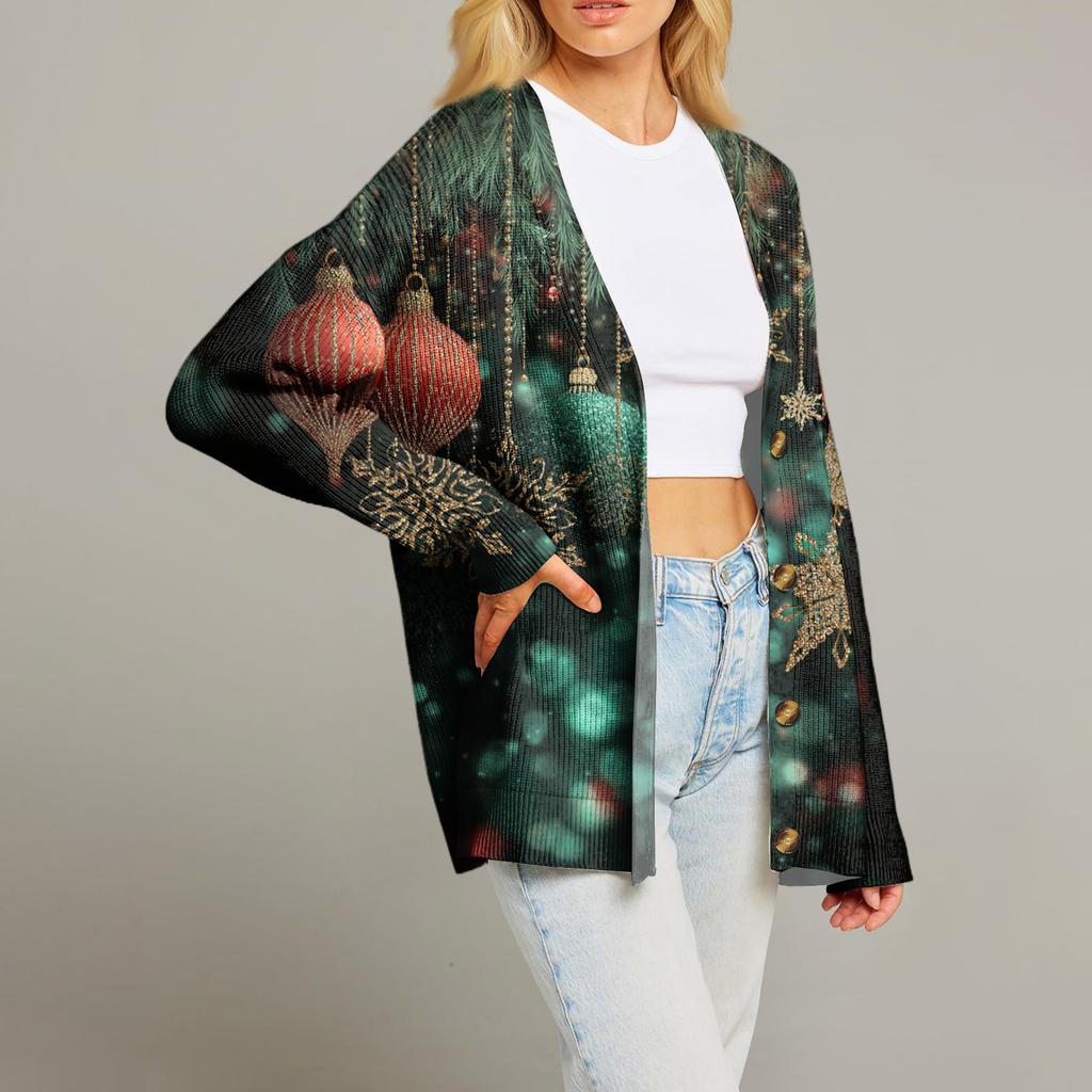 Women's Fashion Long Sleeve Print V-Neck Button Loose Cardigan Top