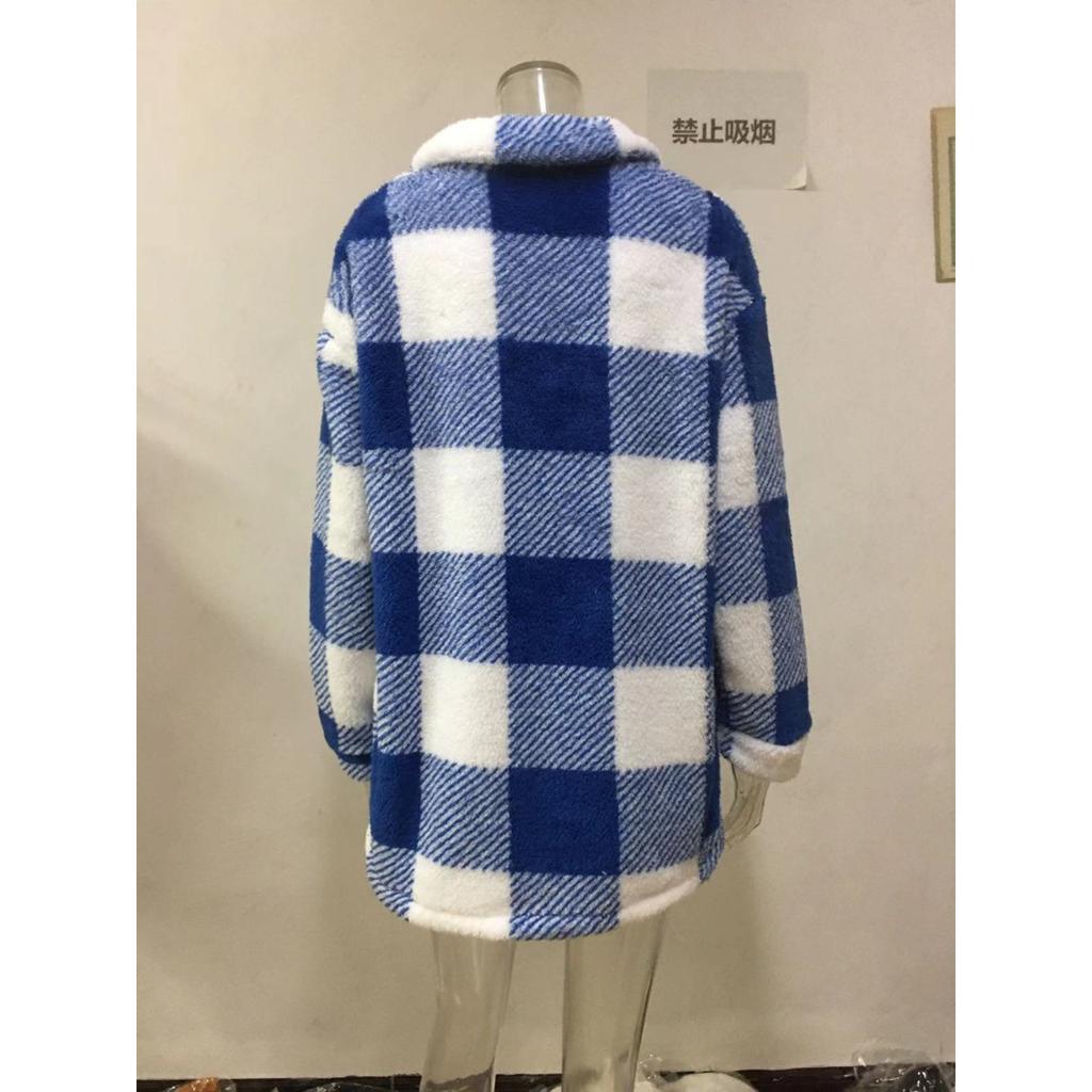 Dameklær Høst og Vinter med Lommer, Rutete Lammeullsjakke, Knappelukket Plysjjakke