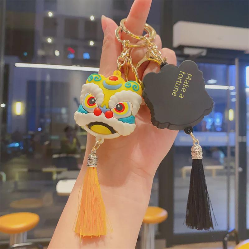 Exquisite Chinese Lion Dance Keychain Pendant with Lucky Cat Doll