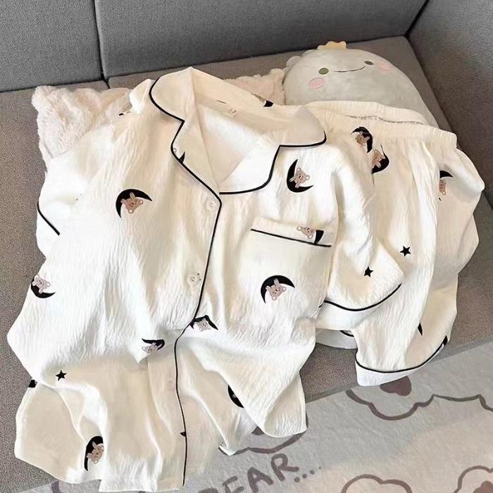 

Polka dot KT cloud cotton pajamas women s three-piece summer short-sleeved shorts trousers cardigan student large-size loungewear M