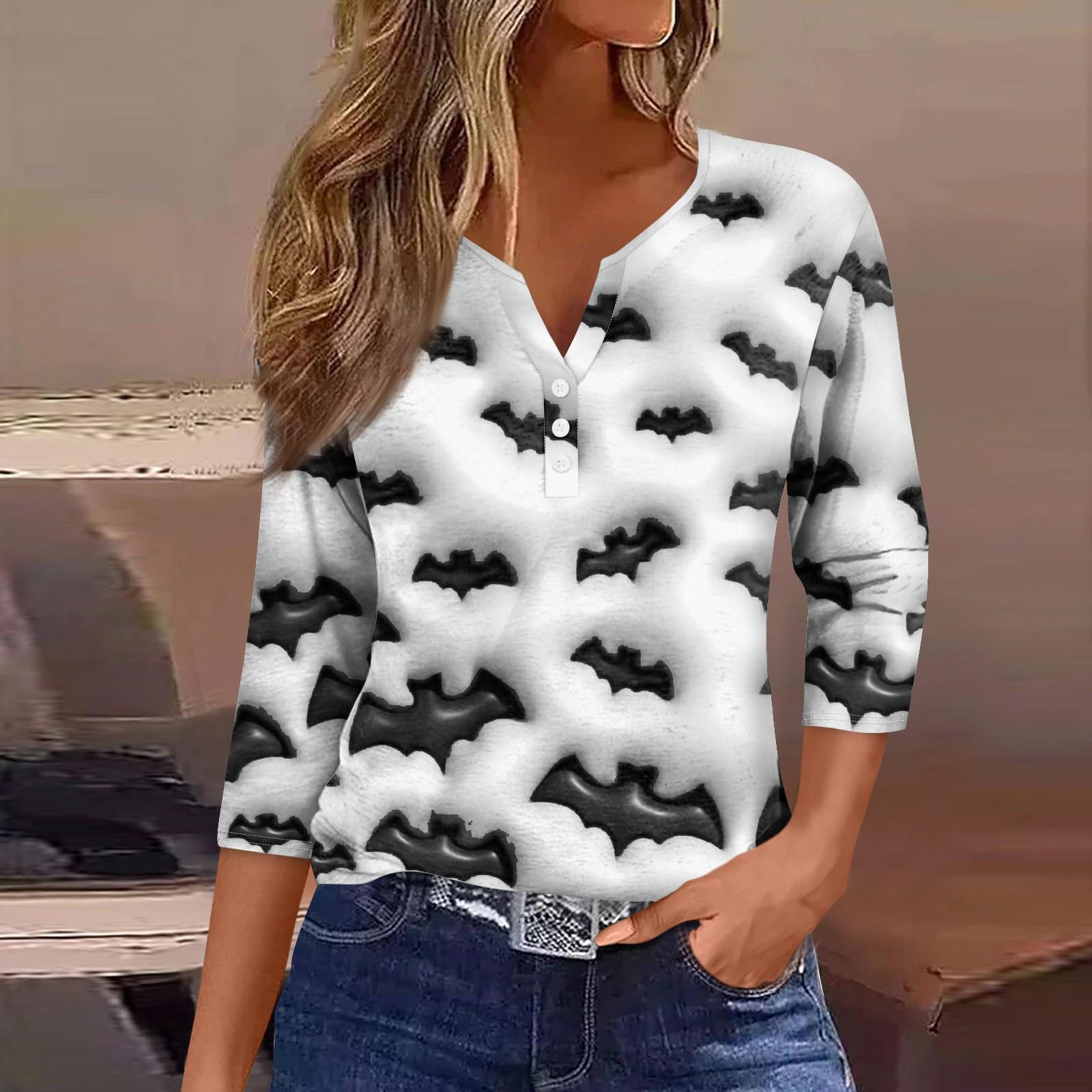 

Женская футболка с V-образным вырезом на пуговицах, с рукавом три четверти, на Хэллоуин L