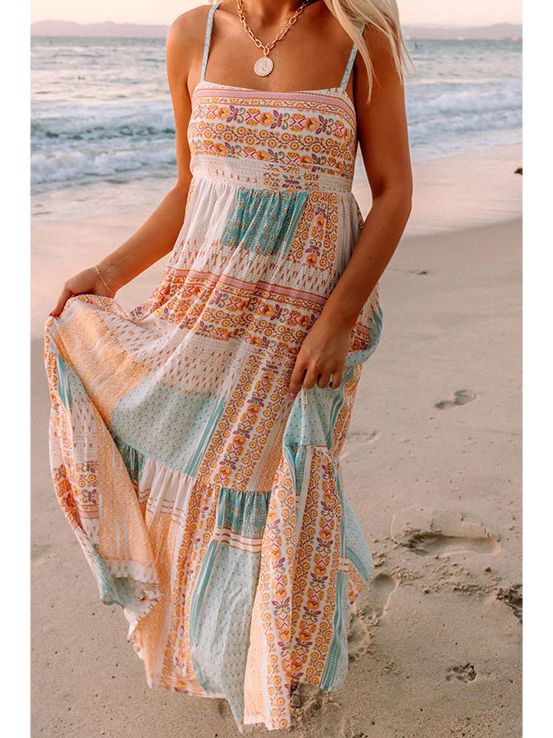 2025 Европейское и американское богемное многоцветное лоскутное платье с квадратным вырезом и бретелями-спагетти Medium