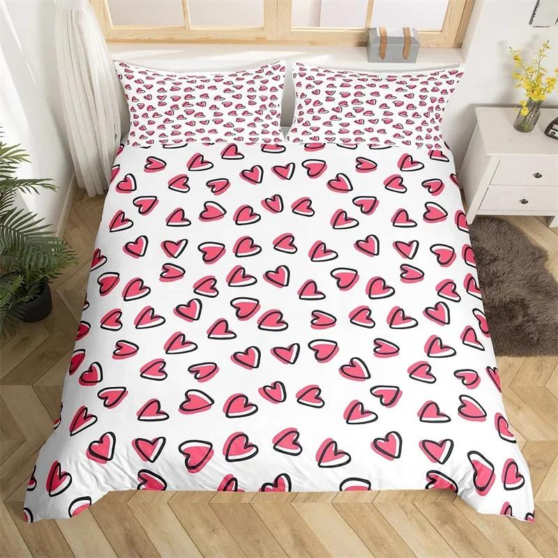 Romantic Valentines Duvet Cover King Kawaii Love Heart Theme Bedding Set Patchwork Geometric Comforter Cover Red Gnome Bed Sets