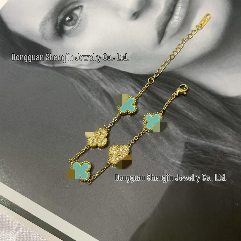 18k Gold 13mm Clover & Diamond Five-Flower Bracelet - Women's Simple, Versatile, Non-Fading Fashion Accessory