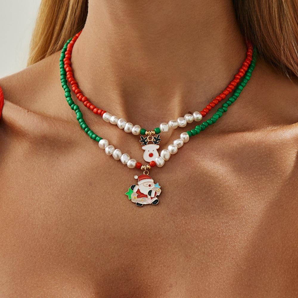 2pcs Set Trendy Cartoon Santa Claus Elk Christmas Tree Pendant Imitation Pearl Beaded Fold Wear Necklace Women Jewelry Set Gift