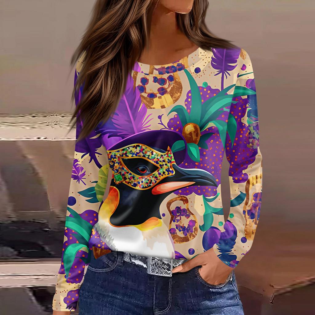 Women's Fashion Casual Slit Hem Round Neck Long Sleeve Loose Printed T-Shirt Top