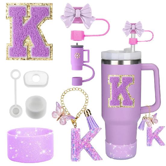 8PCS Accessories Set for Stanley Cup Purple 30oz 40oz Tumbler Silicone Straw Topper Cover Cap Boot Handle Charm Initials Sticker Cup Holders 5