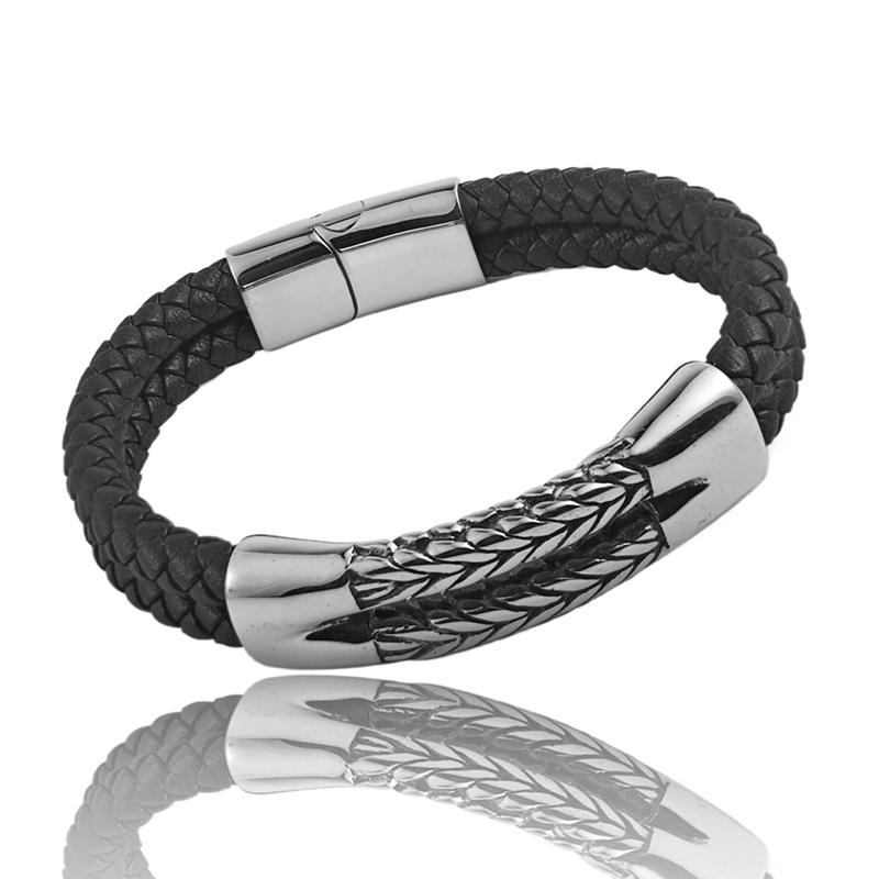 

Luxury Retro Double Leather Men s Bracelet Cuban Grain Ear Shape Chain Bracelet Stainless Steel Jewelry Bracelet Birthday Gift 22cm чорний