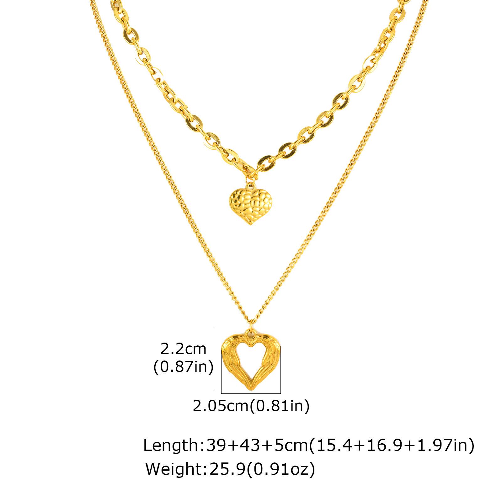 

Gold Plated Pleated Texture Double Heart Pendant Necklace for Women, Stainless Steel Double Layer Chain Necklace, Charm Jewelry
