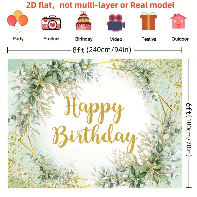 2D Green Gold Happy Birthday Backdrop for Baby Shower & Birthday Party