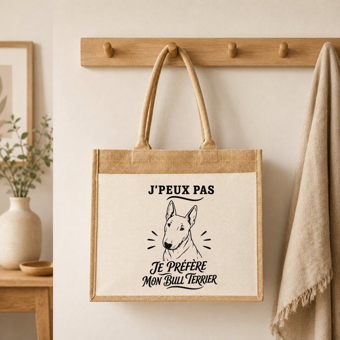 Sac Cabas Jute avec Poche J’peux pas je préfère mon Bull Terrier J'peux pas minimaliste | Toile de Jute et Coton 21 L Fond Plat