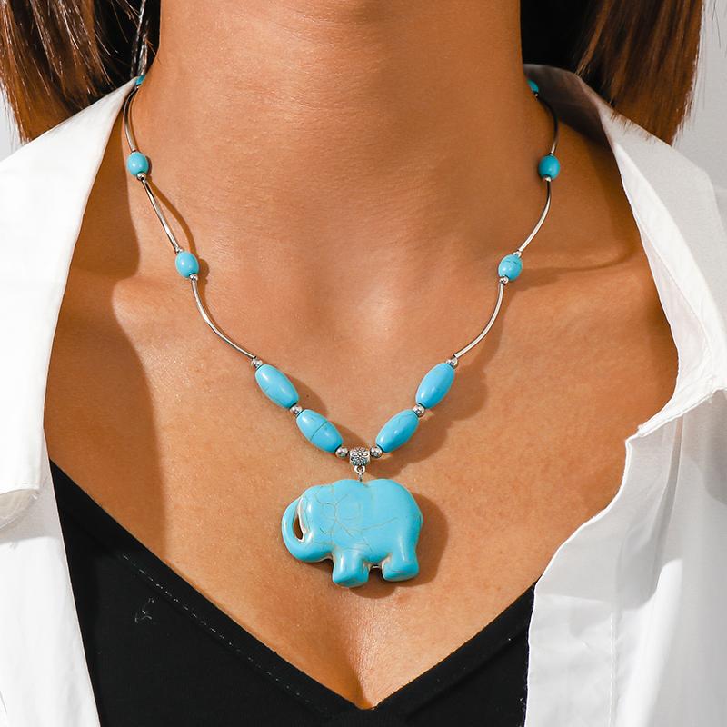 Aihua Böhmen Türkis Stein Halskette für Damen Choker Collier Femme Handgefertigte Ethnische Anhänger Halsketten Statement Schmuck